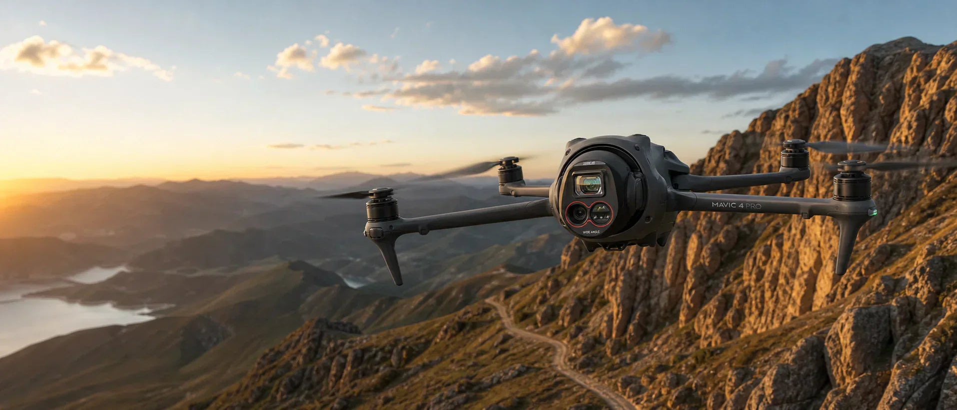 DJI Mavic 4 Pro flying over mountains with a STARTRC wide-angle lens for 110-degree aerial shots