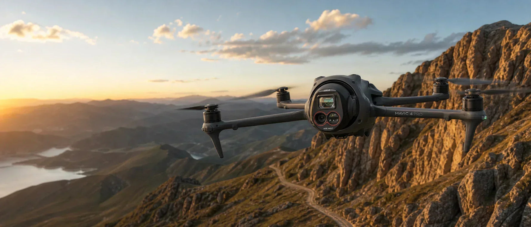 DJI Mavic 4 Pro flying over mountains with a STARTRC wide-angle lens for 110-degree aerial shots