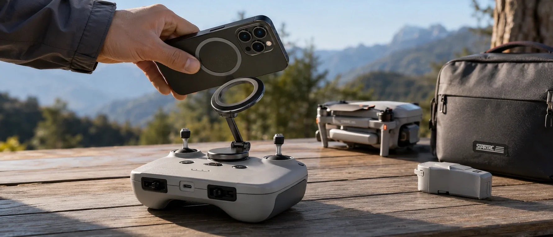 STARTRC magnetic drone controller phone mount atached to a DJl RC-N Series remote for faster outdoor flight setup.