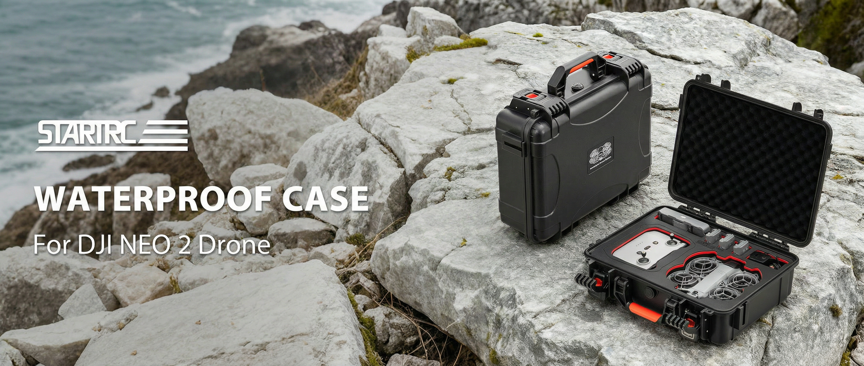 STARTRC IP67 waterproof hard case for DJI Neo 2 drone sitting on rocky coast, showcasing rugged outdoor protection.