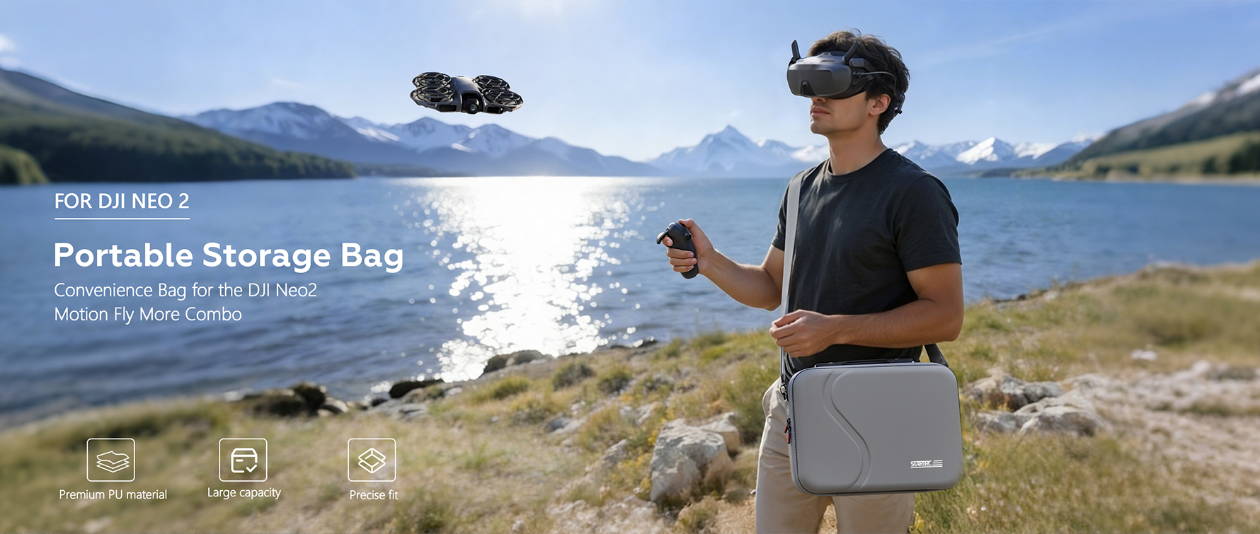 STARTRC DJI Neo 2 carrying case worn as a stylish crossbody travel bag outdoors