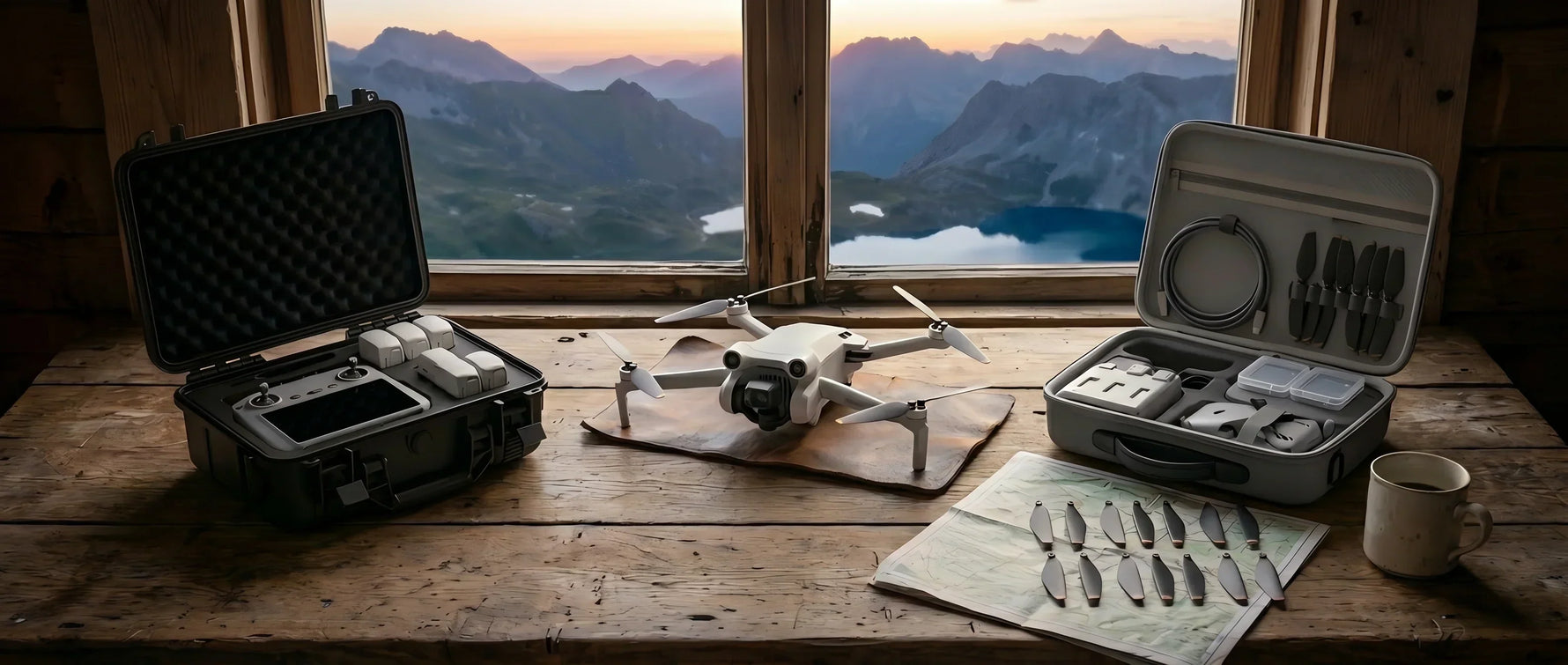 A complete beginner drone kit displayed on a wooden table, featuring the DJI Lito beginner drone alongside an open waterproof hard case and a portable carry bag, with a scenic mountain view in the background.