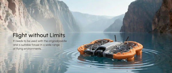 A DJI Neo 2 drone floating securely on the surface of a blue swimming pool, supported by the white STARTRC buoyant propeller guards during a water landing test.