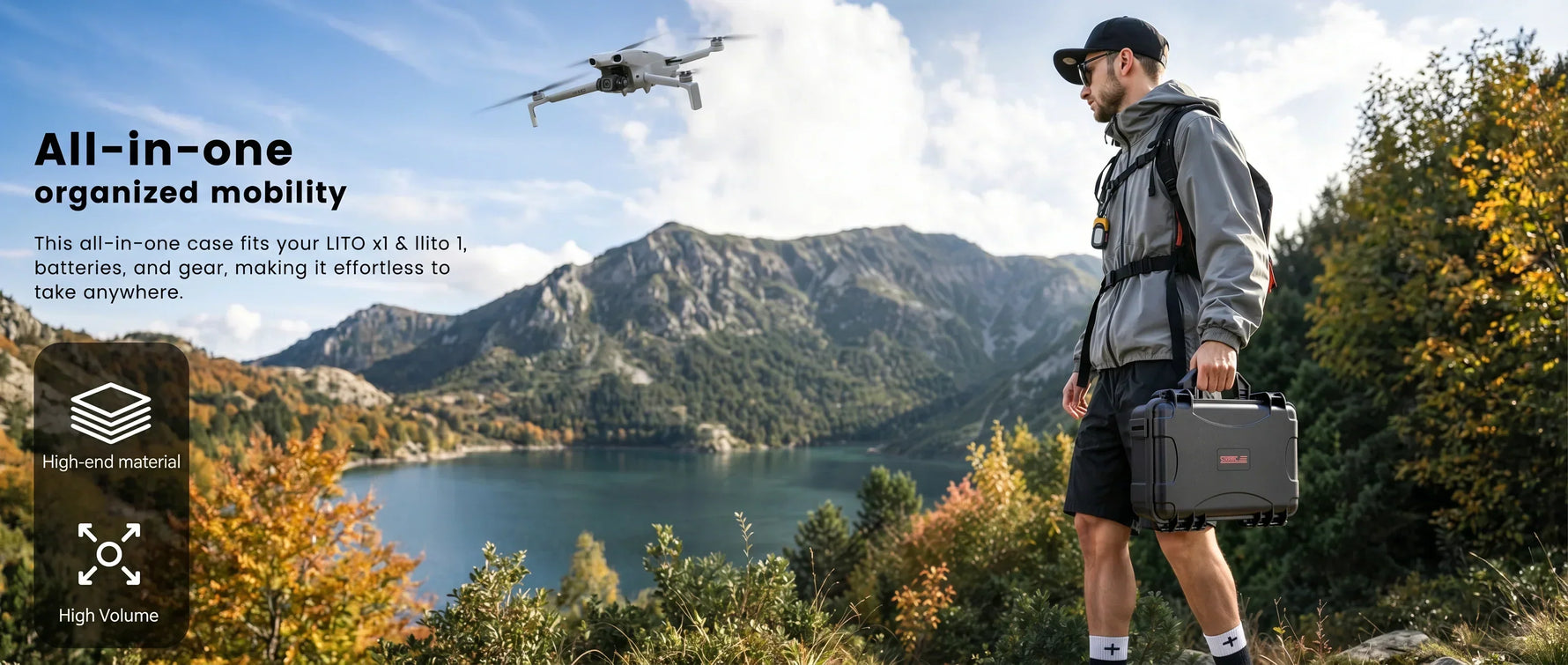 A hiker holding an organized mobility hard case for his drone near a mountain lake. With this high-volume case, you can pack extras and easily learn how a beginner drone ND filter can improve your Lito 1 footage outdoors.