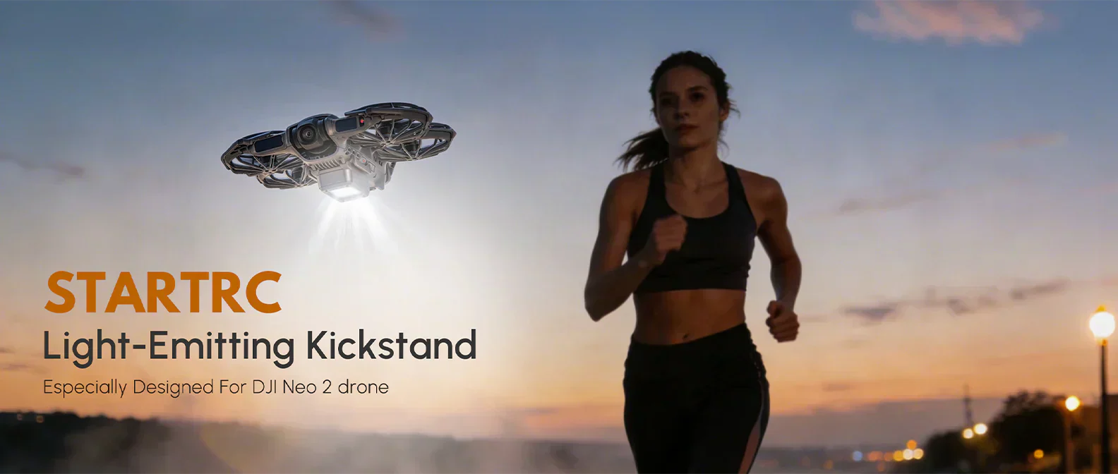 A bare DJI Neo 2 drone flying at golden hour with the STARTRC light-emitting landing gear, projecting a bright white LED beam downwards to ensure visibility and safe navigation for pilots during night flights. A creator is visible in the background.