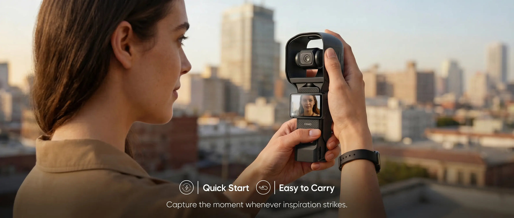 A creator films a beautiful city skyline at sunset using the STARTRC osmo pocket 3/4 protective case. Its ergonomic, quick-start design ensures the camera is easy to carry and ready the moment inspiration strikes.