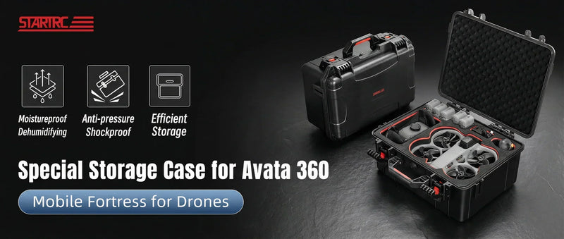 The STARTRC Avata 360 combo case perfectly organizing the drone, goggles, and batteries for the Motion Fly More Combo.