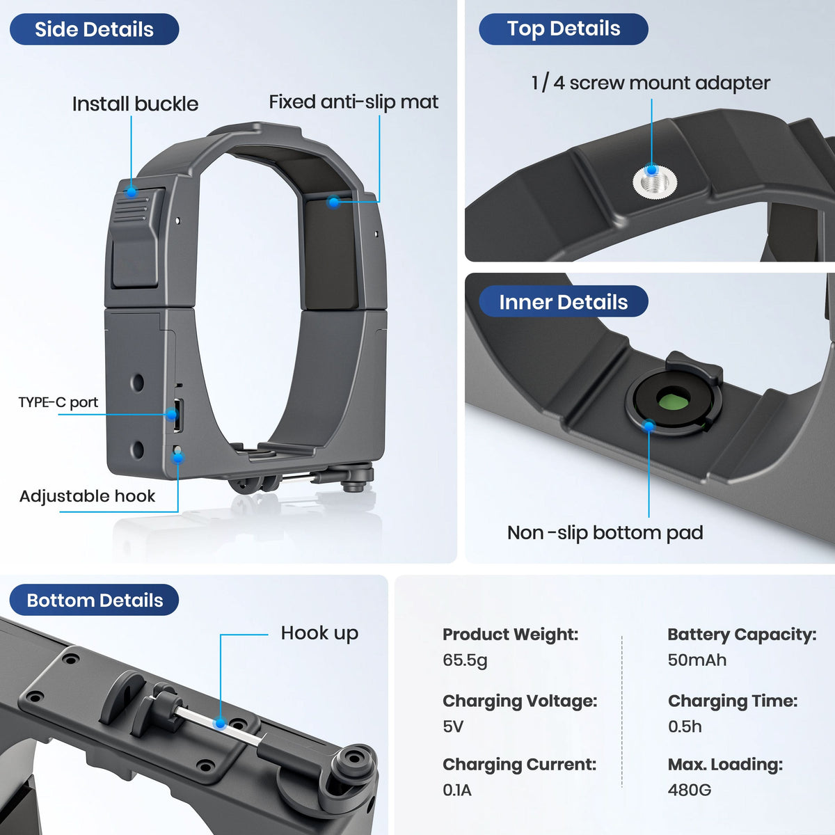 Close-up design details of the smart payload dropper bracket, featuring a built-in 50mAh battery and flight-friendly lightweight construction.