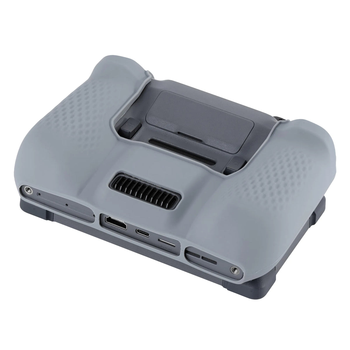 Back view of the DJI RC PRO 2 silicone sleeve highlighting the anti-slip texture and precise 0.1mm cutouts for ports and heat dissipation.