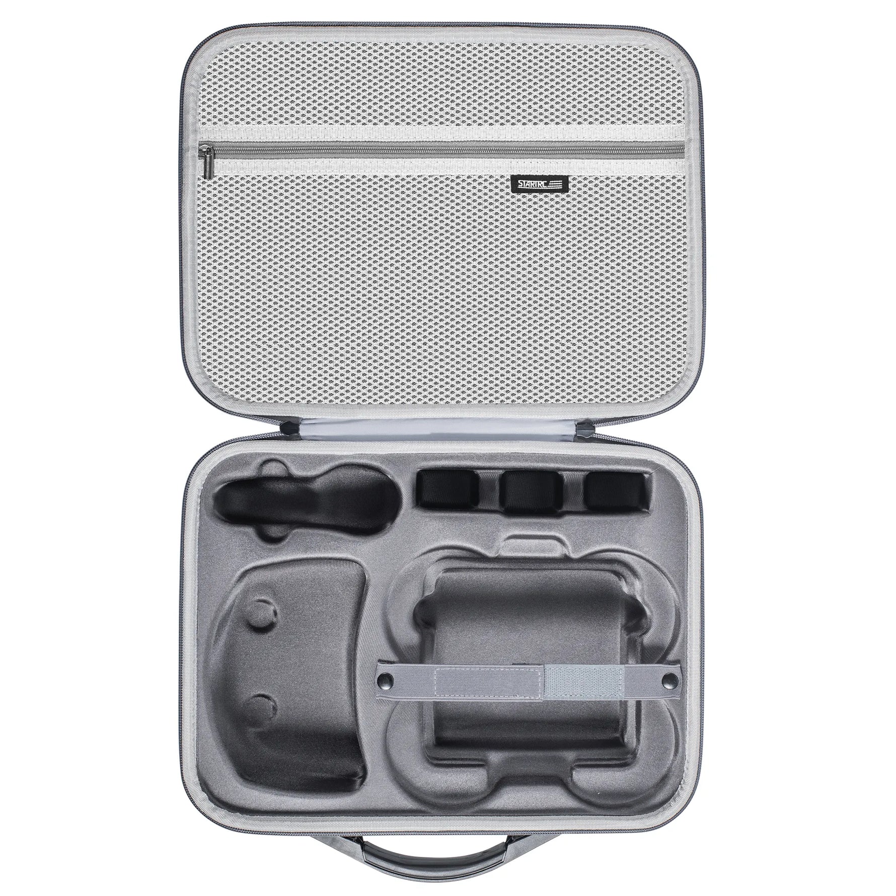 Detailed internal storage layout of the DJI Avata 2 accessory bag with custom-molded slots for Goggles 3 and three flight batteries.