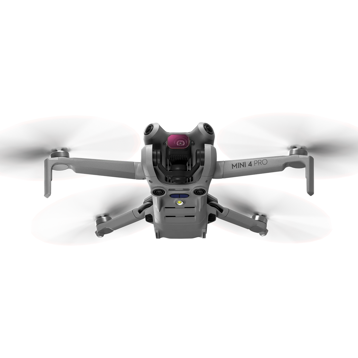 Front view of the drone airborne with a high-quality optical glass filter installed, delivering studio-quality aerial shots for videographers.