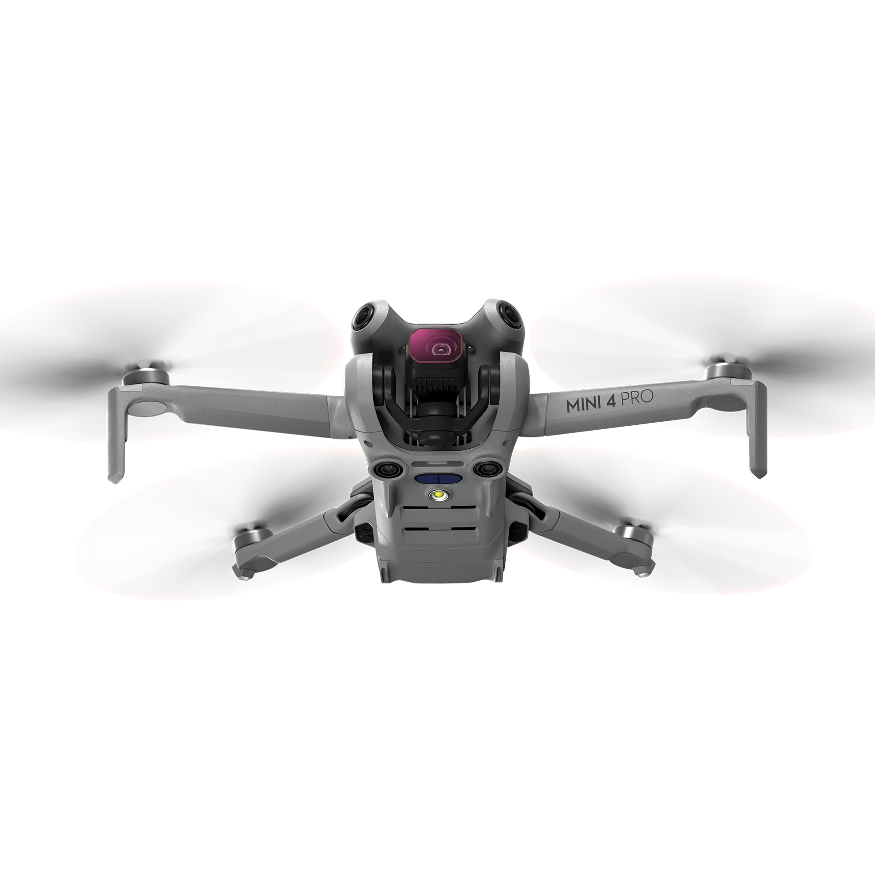 Front view of the drone airborne with a high-quality optical glass filter installed, delivering studio-quality aerial shots for videographers.
