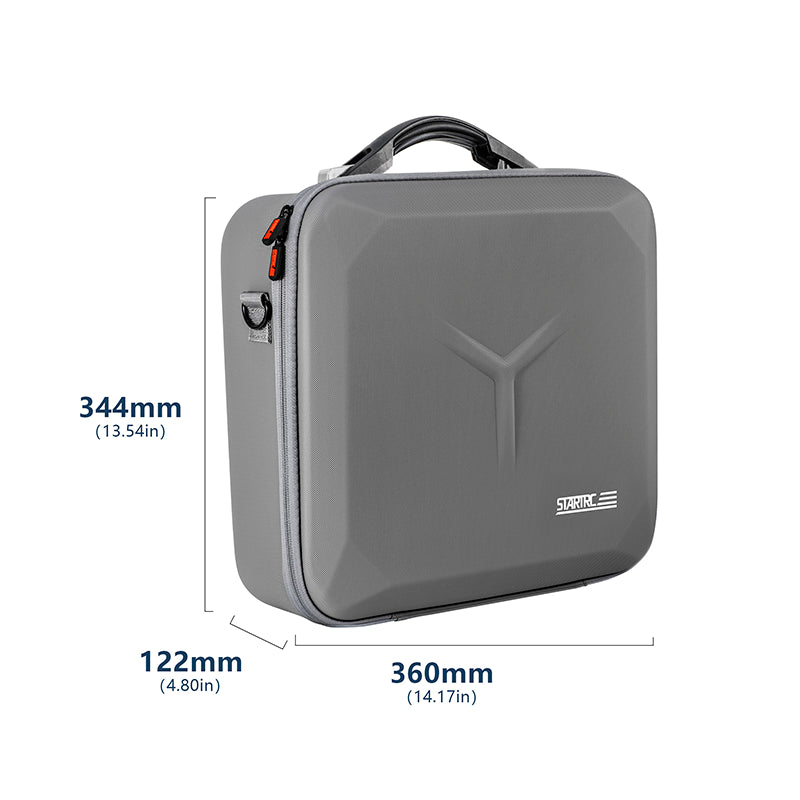 Size specifications and detailed dimensions of the compact carrying case designed to hold the DJI Mavic 4 Pro drone and its essential accessories.