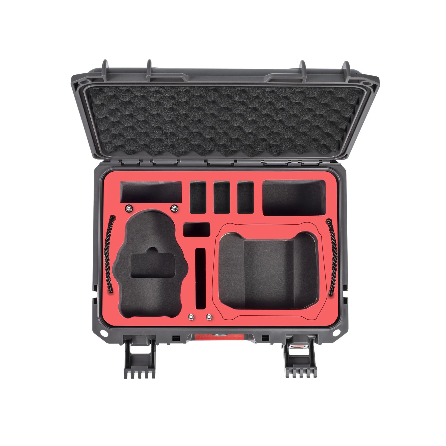 Empty drone travel case interior featuring custom-cut shock-absorbing foam compartments tailored perfectly for drone accessories.