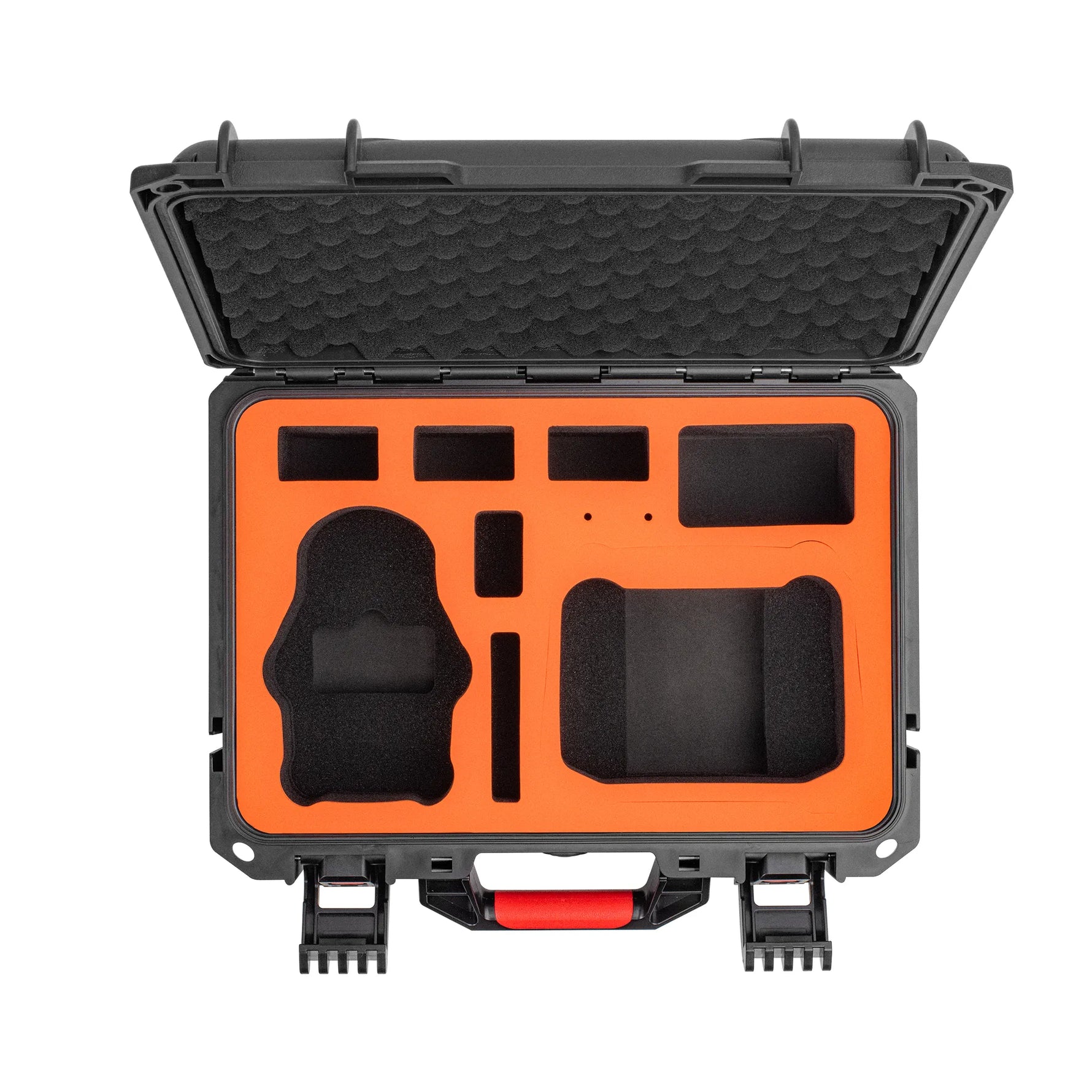 Empty drone carrying case revealing the custom-molded orange EVA foam, tailored exclusively to hold the DJI Mini 4 Pro, Mini 3, and controllers.