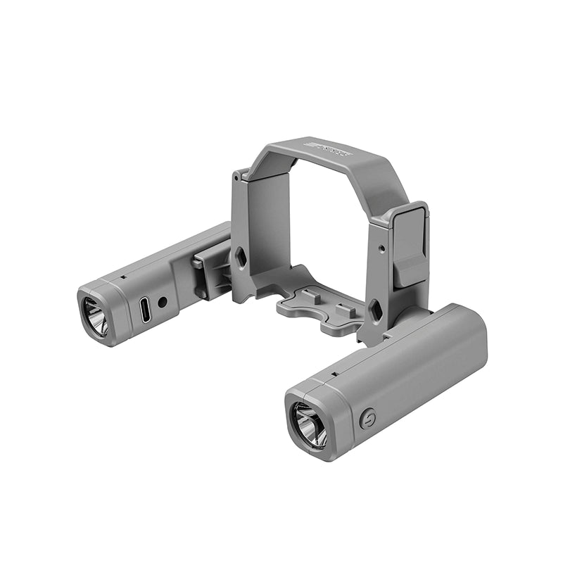 Angled view of the durable ABS frame and detachable drone LED lighting system, designed with signal-free construction to avoid GPS interference.