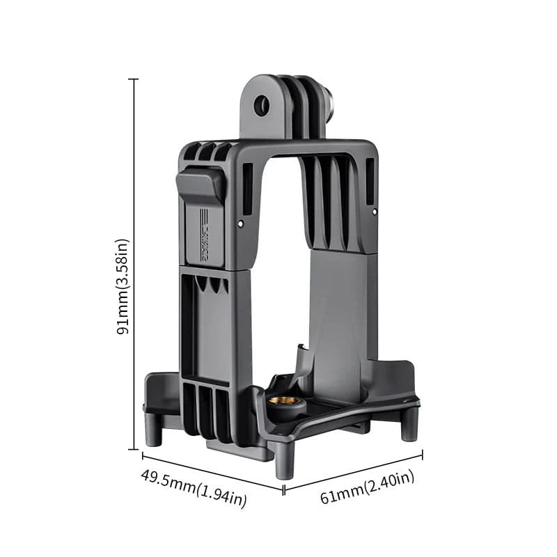 Technical drawing showing the precise dimensions and aerodynamic design of the STARTRC DJI Avata 2 action camera mount.