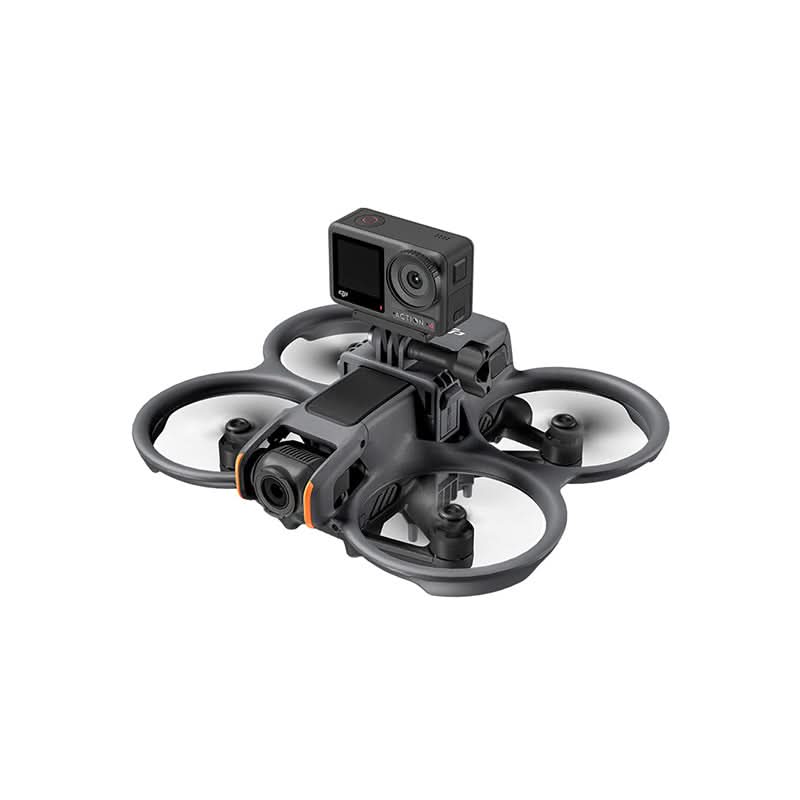 The STARTRC camera mount installed on a DJI Avata 2, securely holding an action camera for high-quality FPV aerial filming.