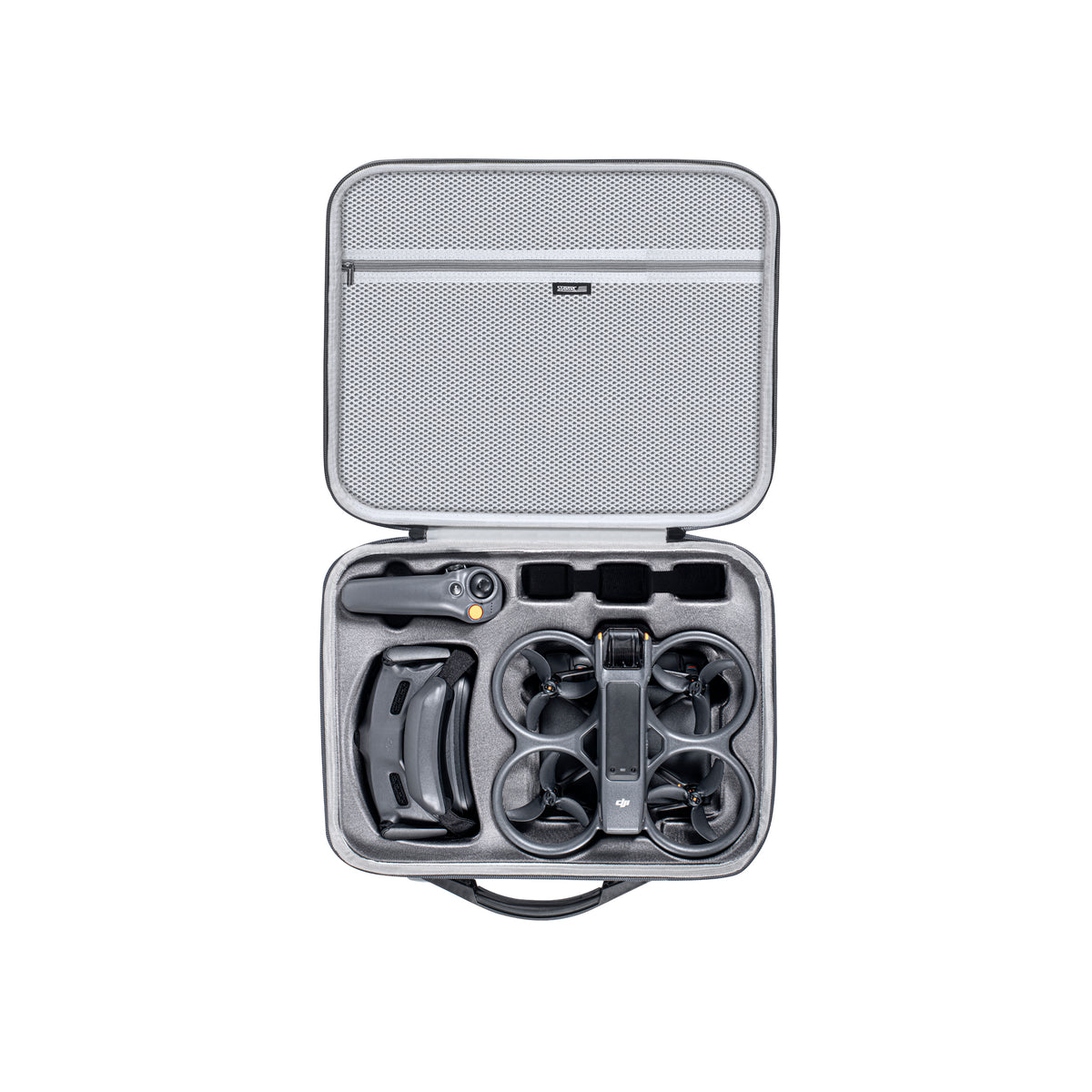 Inside the STARTRC DJI Avata 2 carrying case showing organized storage for the Goggles 3, RC Motion 3, and drone batteries.