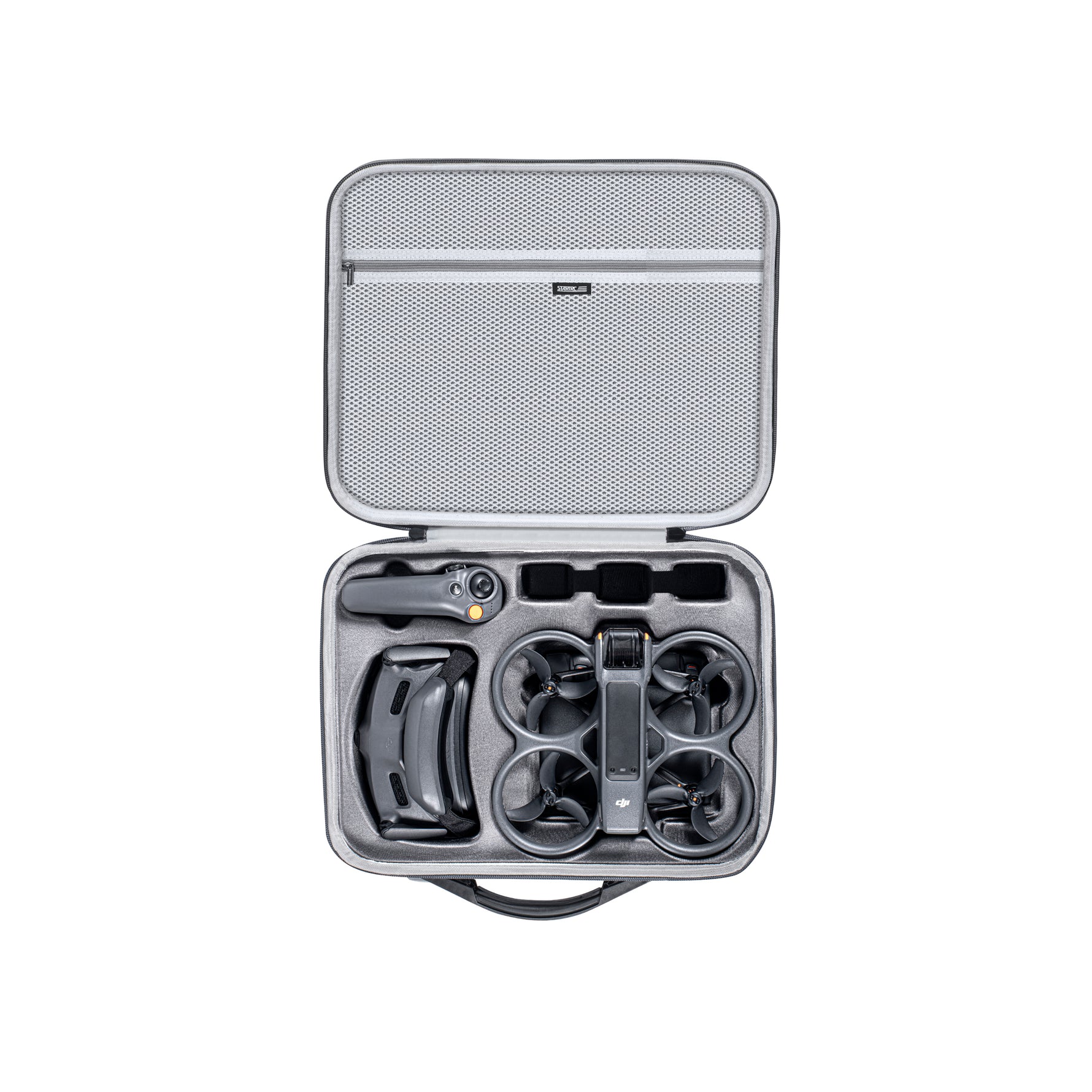 Inside the STARTRC DJI Avata 2 carrying case showing organized storage for the Goggles 3, RC Motion 3, and drone batteries.