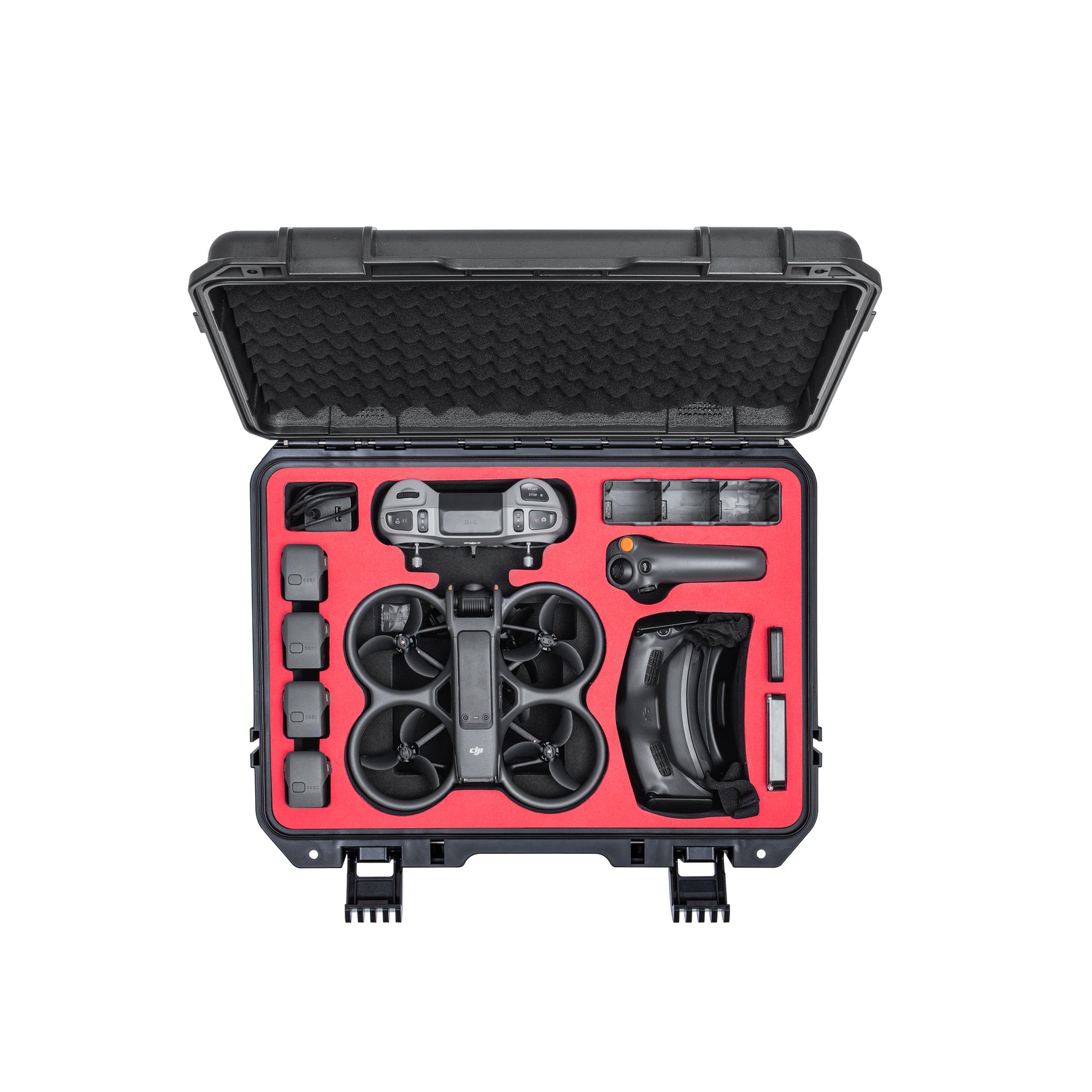 The STARTRC DJI Avata 2 waterproof hard case opened to show the precision-molded EVA foam interior holding the drone, Goggles 3, Motion 3, and 8 batteries securely.