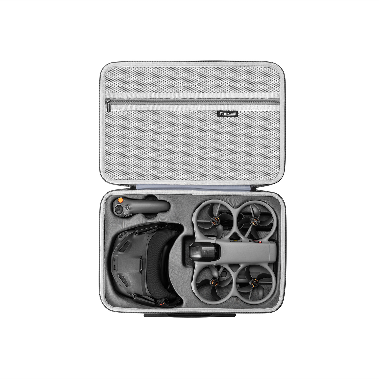 Interior view of the STARTRC PU carry bag for DJI Avata 360, displaying custom slots for Goggles N3, RC Motion 3, and the drone.