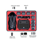 Detailed capacity diagram of the heavy-duty case, illustrating the exact storage positions for the drone, remote controller, power adapter, and extra propellers.