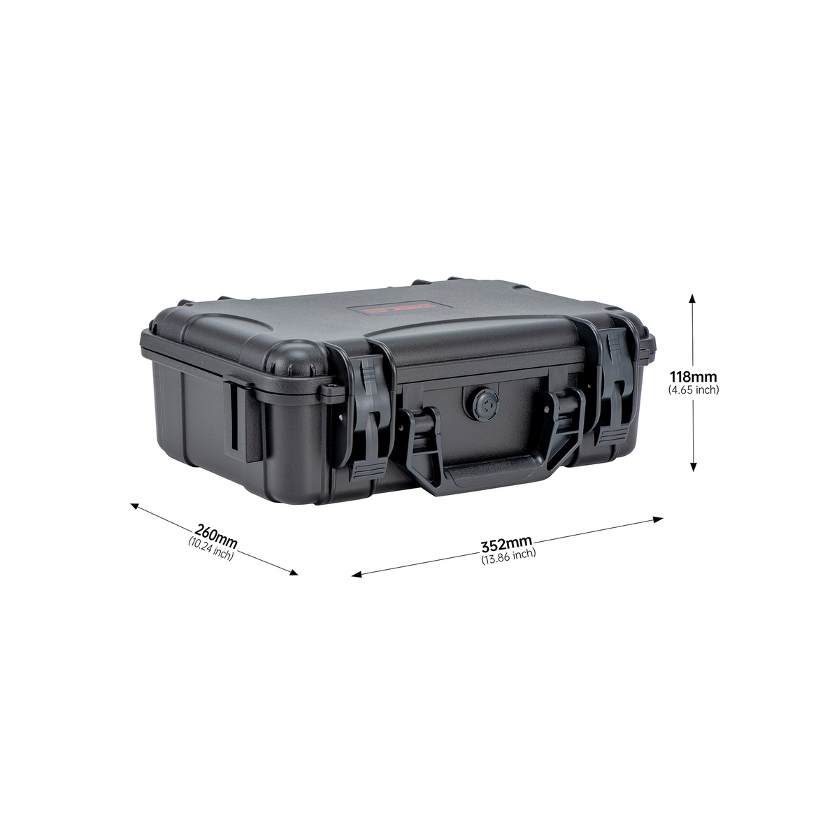 Dimensions diagram of the STARTRC DJI Lito 1 hard case, measuring exactly 352 by 260 by 118 mm. Compact and reliable storage solution for your drone setup.