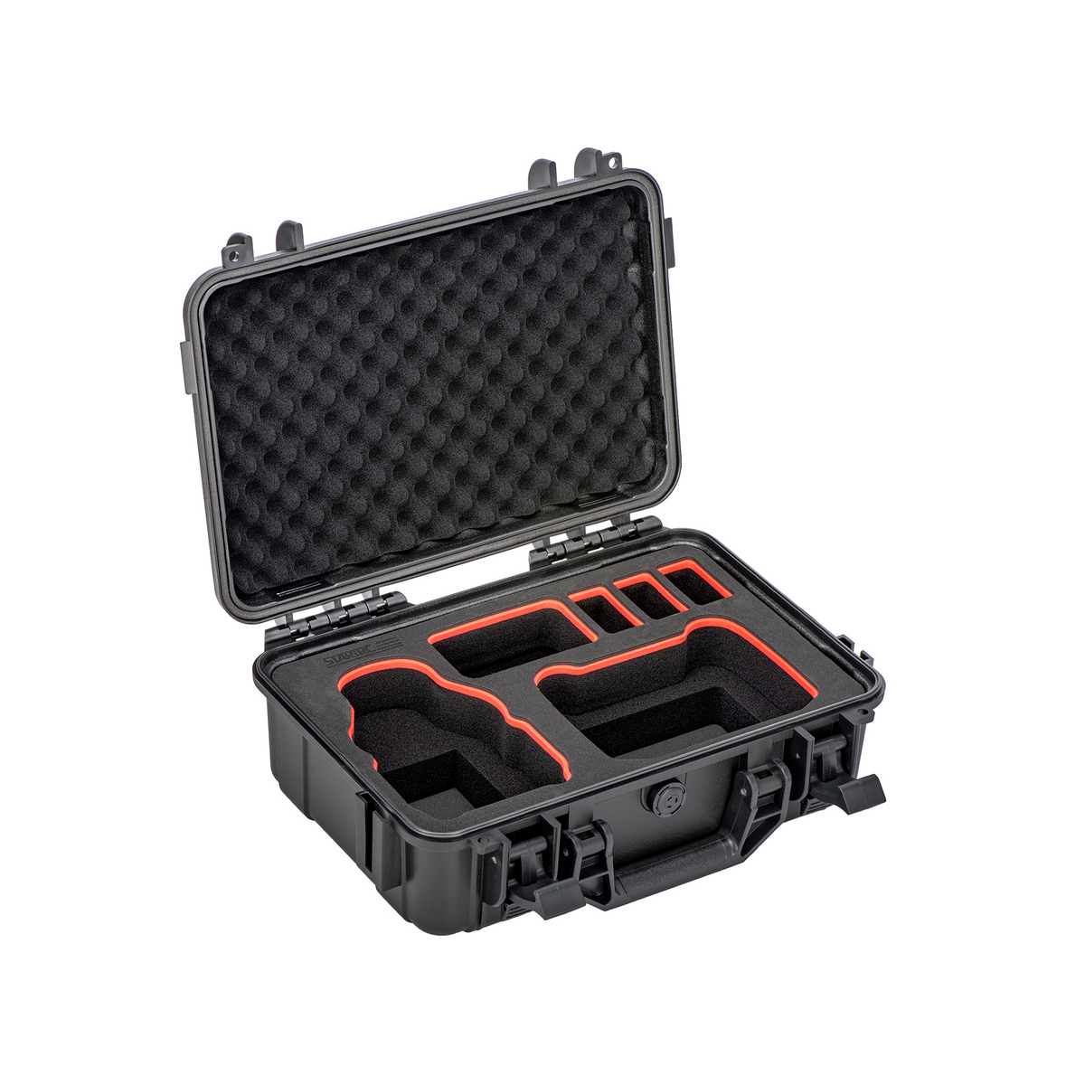 Empty interior of the STARTRC DJI Lito hard case. Showcasing dedicated red-trimmed EVA foam slots for the drone and customizable base compartments for spare propellers and ND filters.
