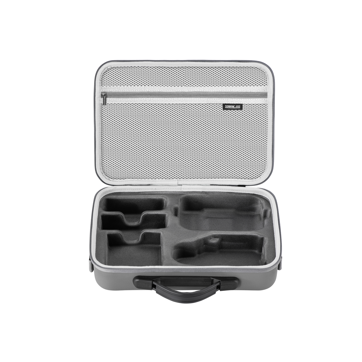 Empty interior of the STARTRC DJI Lito carrying case. Precision-molded slots perfectly fit the drone, 65W charger, and feature a customizable accessory pocket.