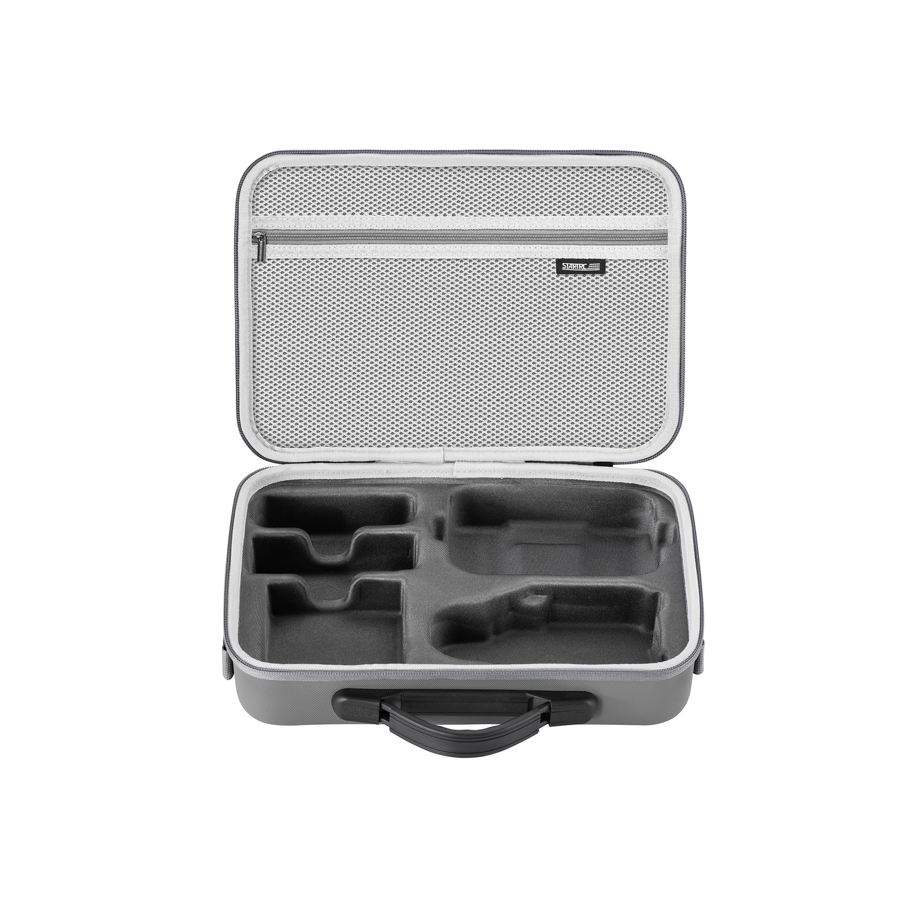 Empty interior of the STARTRC DJI Lito carrying case. Precision-molded slots perfectly fit the drone, 65W charger, and feature a customizable accessory pocket.