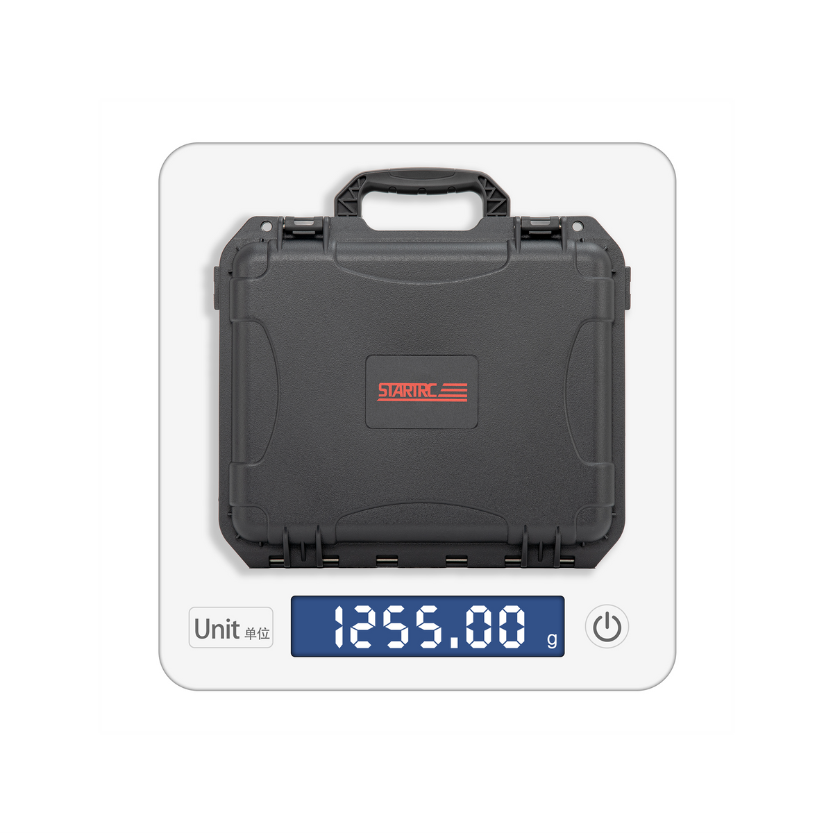 The STARTRC DJI Lito waterproof hard case on a digital scale, displaying a net weight of 1265g. A durable protective case with a shoulder strap for easy outdoor carrying.
