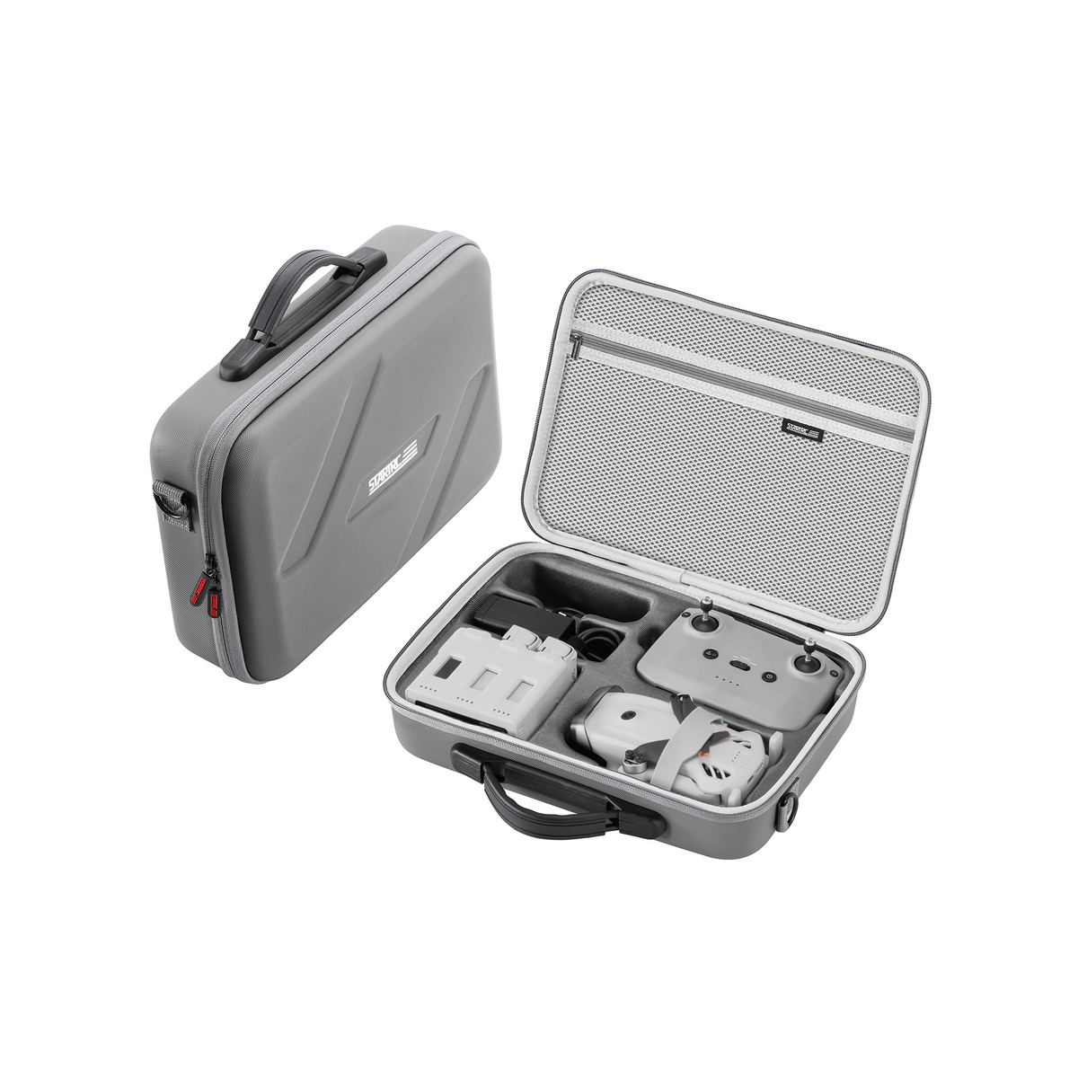 Angled open view of the DJI Lito travel case by STARTRC, showcasing the dual-layer shock-absorbing lining and smooth dual-zipper closure.