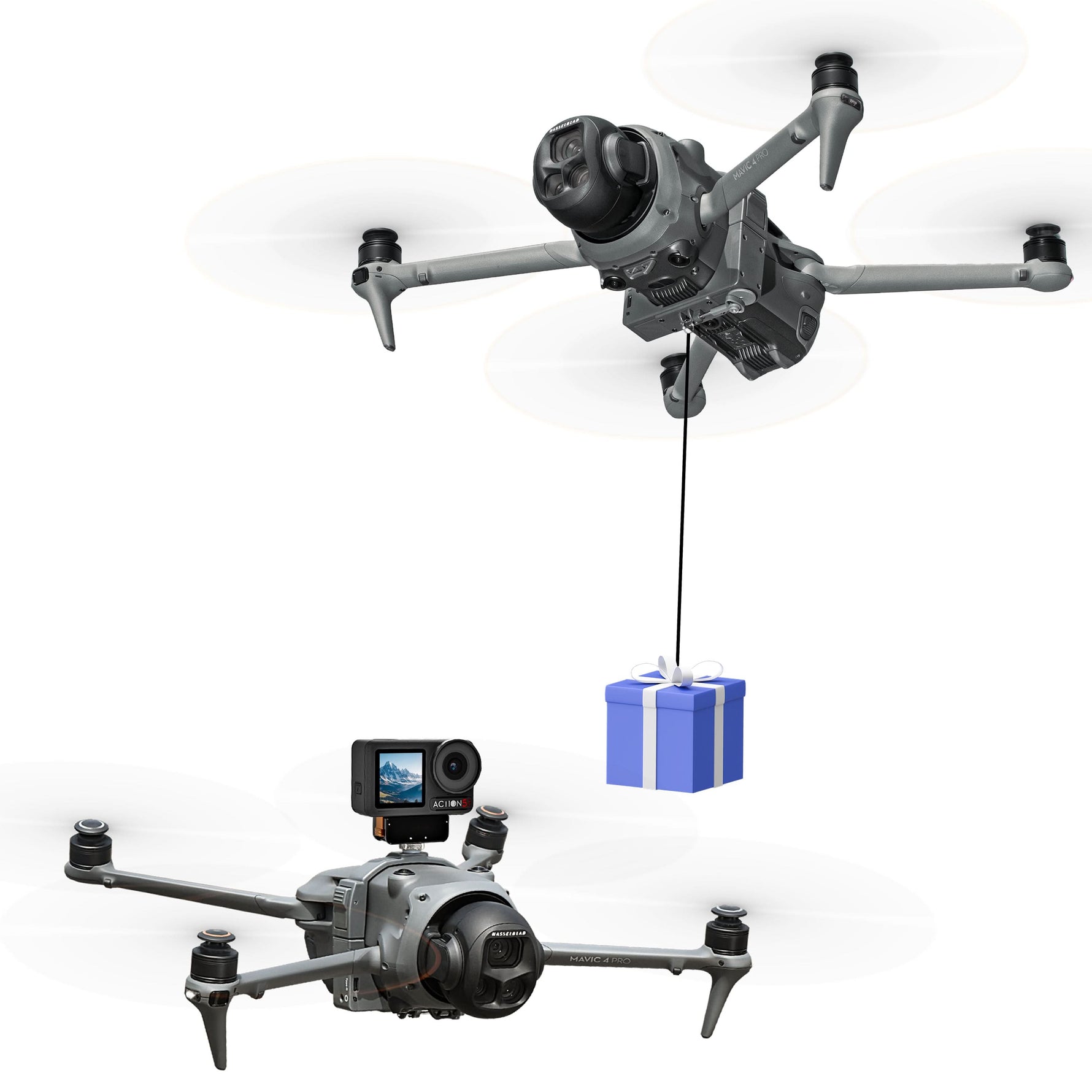 DJI Mavic 4 Pro drone equipped with a smart airdrop system delivering a blue gift box in mid-air, a versatile accessory for payload dropping.