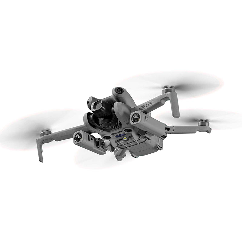DJI Mini 4 Pro drone flying with a dual-side LED light attachment, illuminating the flight path for safe nighttime aerial photography.