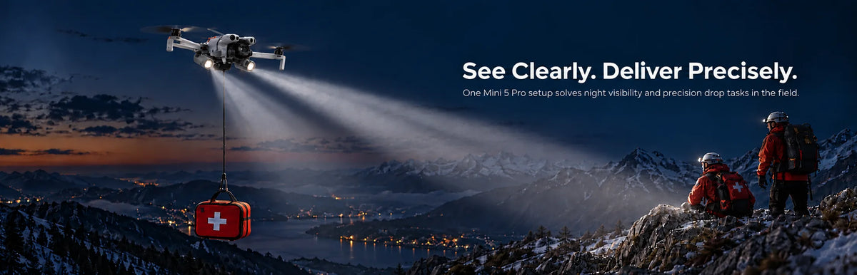 DJI Mini 5 Pro airdrop system and searchlight bundle for nighttime visibility and precise delivery