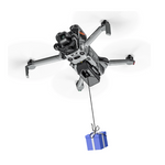 DJI Mini 5 Pro drone equipped with STARTRC 2-in-1 photosensitive airdrop system delivering a blue gift box.