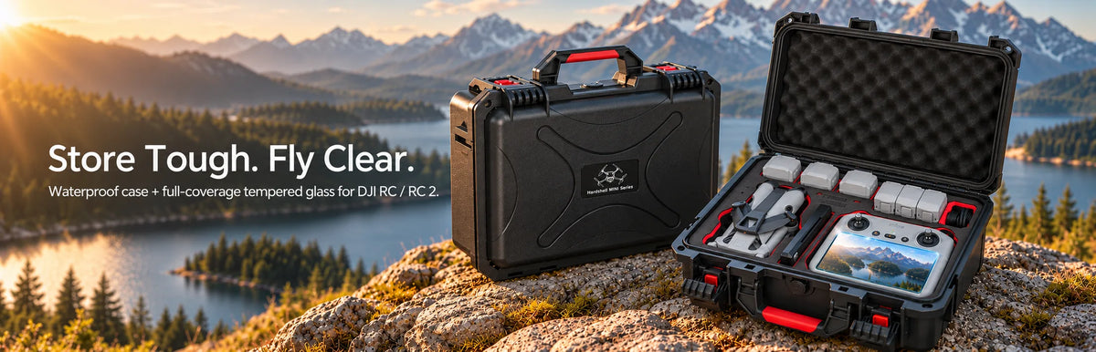 DJI Mini 5 Pro waterproof hard case and RC screen protector bundle for secure storage and clear outdoor viewing