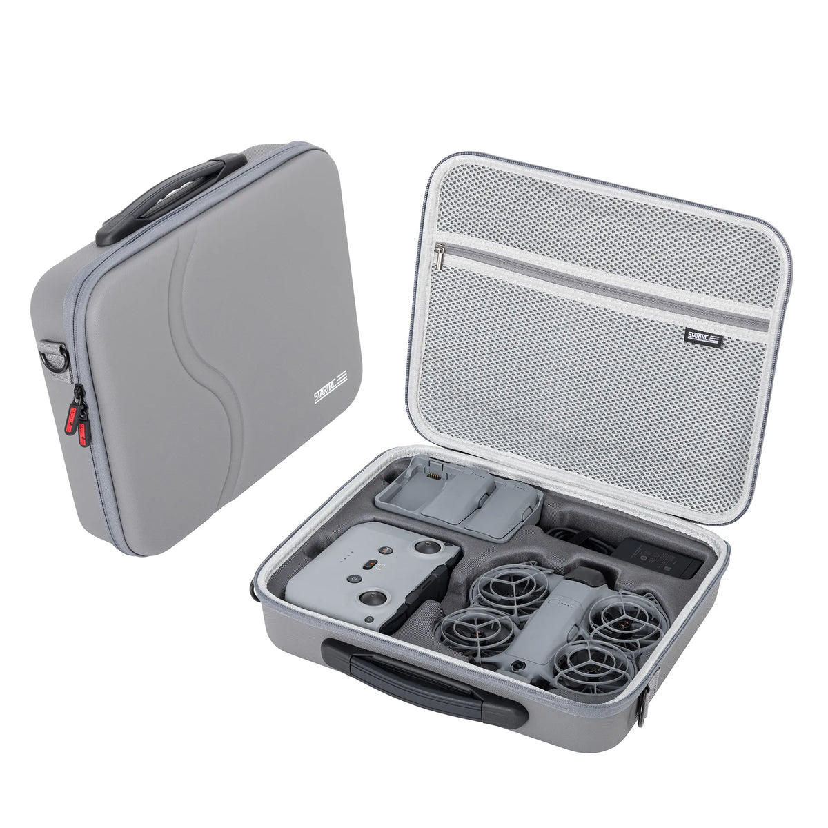 Angled view of the DJI Neo 2 protective case showcasing the smooth dual zippers and pressure-resistant design for outdoor travel.