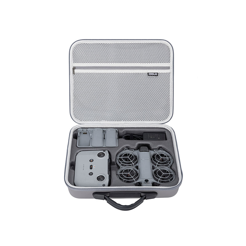 Open STARTRC DJI Neo 2 carrying case showing the precise Lycra interior holding the drone, RC-N3 remote, and charging hub.