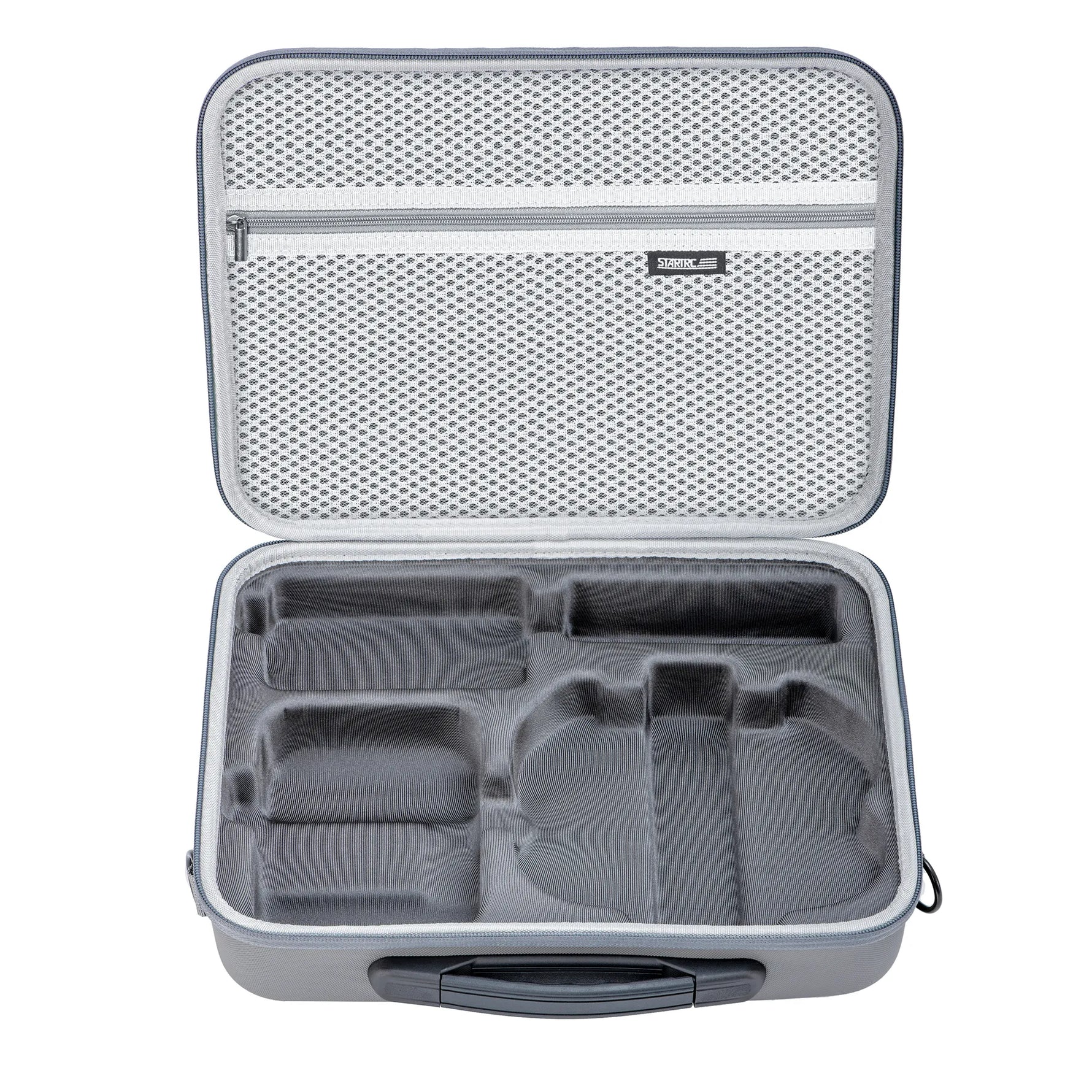 Empty interior of the DJI Neo 2 storage bag, highlighting the real-machine molded shock-absorbing compartments and deepened top mesh pocket.