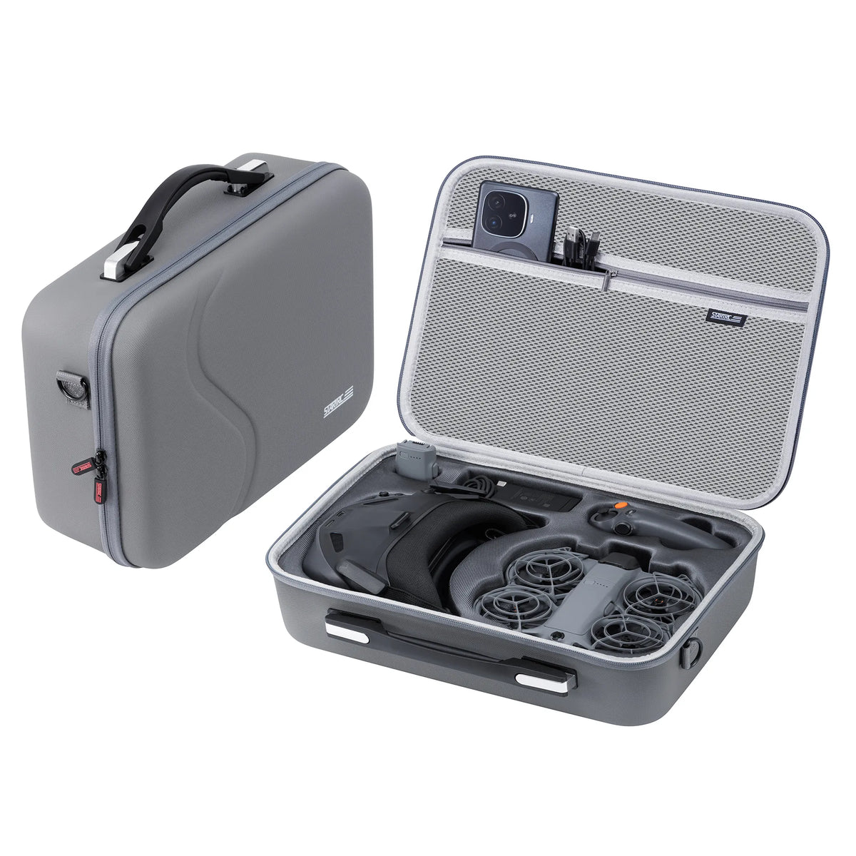 Angled view showcasing the smooth dual zippers and pressure-resistant design of the DJI Neo 2 somatosensory storage bag.