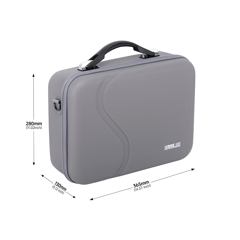 Detailed dimensions of the STARTRC DJI Neo 2 PU carrying bag, designed with a retractable top handle for convenient daily storage.