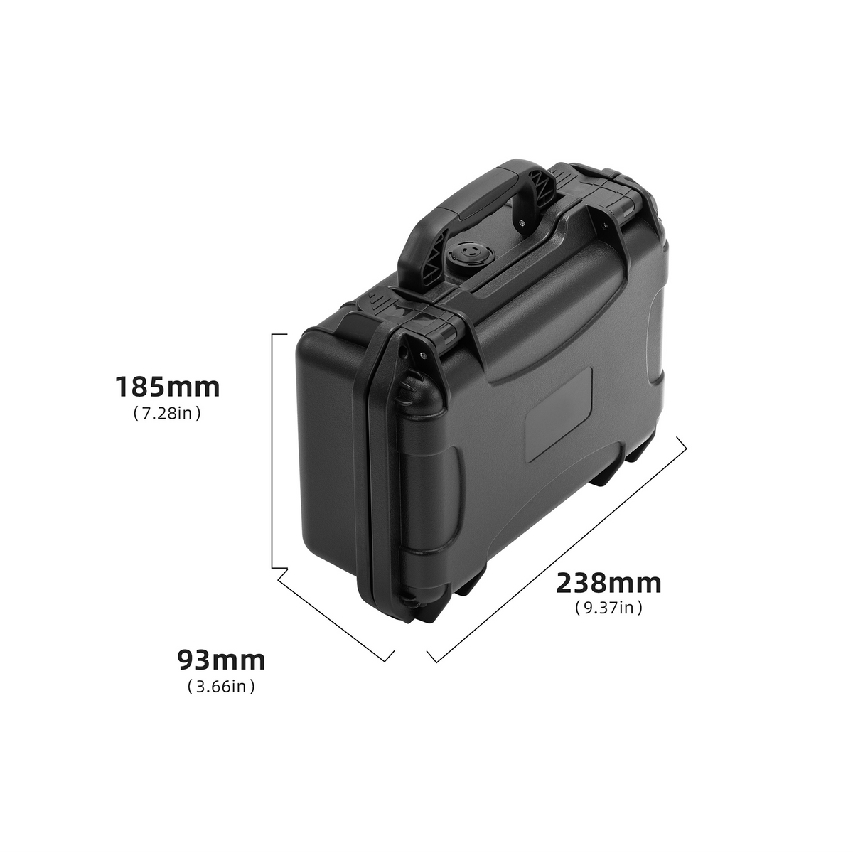 Product dimensions of the STARTRC DJI Pocket 4 Creator Combo hard case, measuring exactly 238 by 185 by 93 mm.