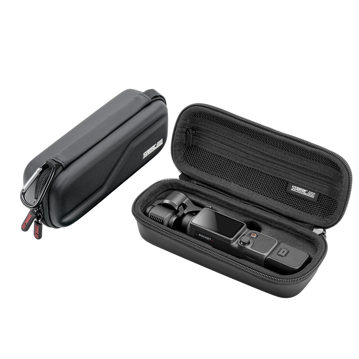 The DJI Osmo Pocket 4 safely stowed inside its dedicated STARTRC storage bag, which features customized compartments for an perfect fit.