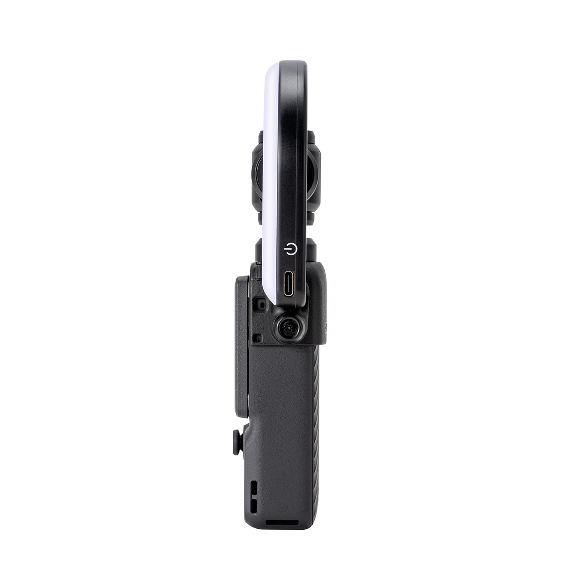 Side profile of the STARTRC LED ring light mounted on the DJI Pocket 3, showing its slim and lightweight integration.