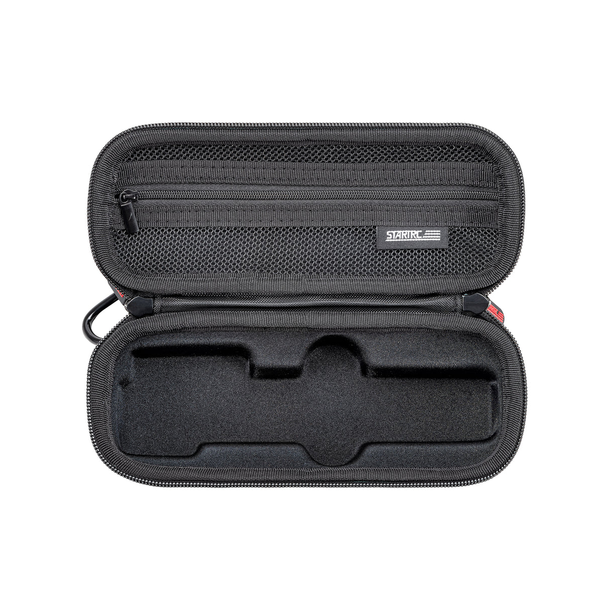 An internal view of the STARTRC DJI Pocket 4 case, showing the 1:1 precise-molded compartments for the camera and accessories, along with the upper mesh pocket.