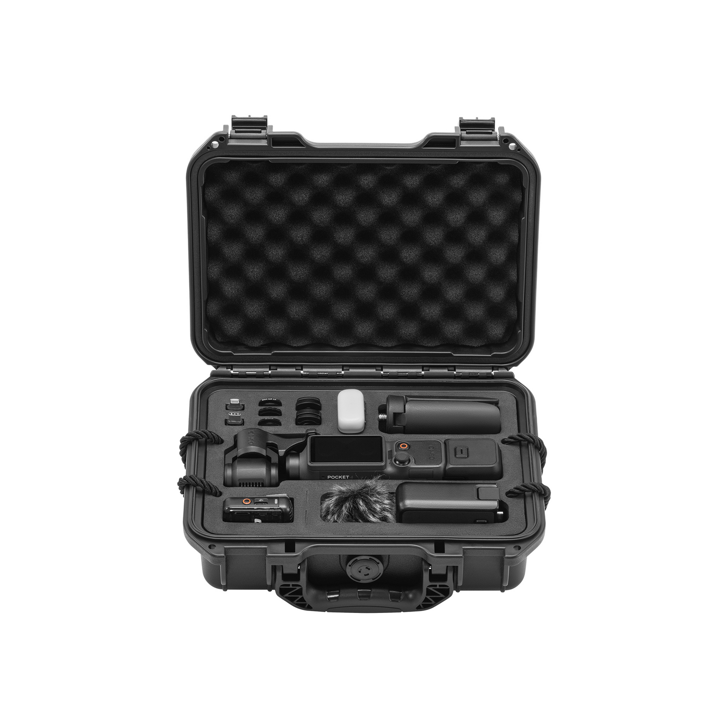 Open view of the STARTRC DJI Pocket 4 protective case. The precision-molded upper tier grants instant access to the Creator Combo gear, including the camera, mini tripod, and mic.