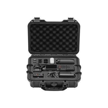 Open view of the STARTRC DJI Pocket 4 protective case. The precision-molded upper tier grants instant access to the Creator Combo gear, including the camera, mini tripod, and mic.