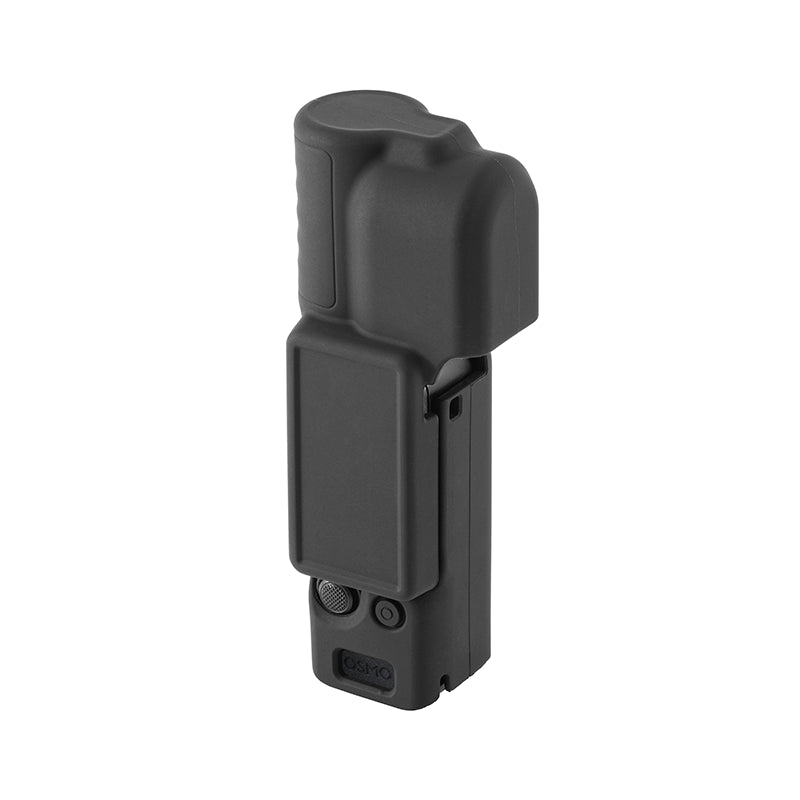 Angled view of the STARTRC Pocket 4 silicone cover, showcasing the smart split-design that allows for instant shooting by easily releasing the gimbal.